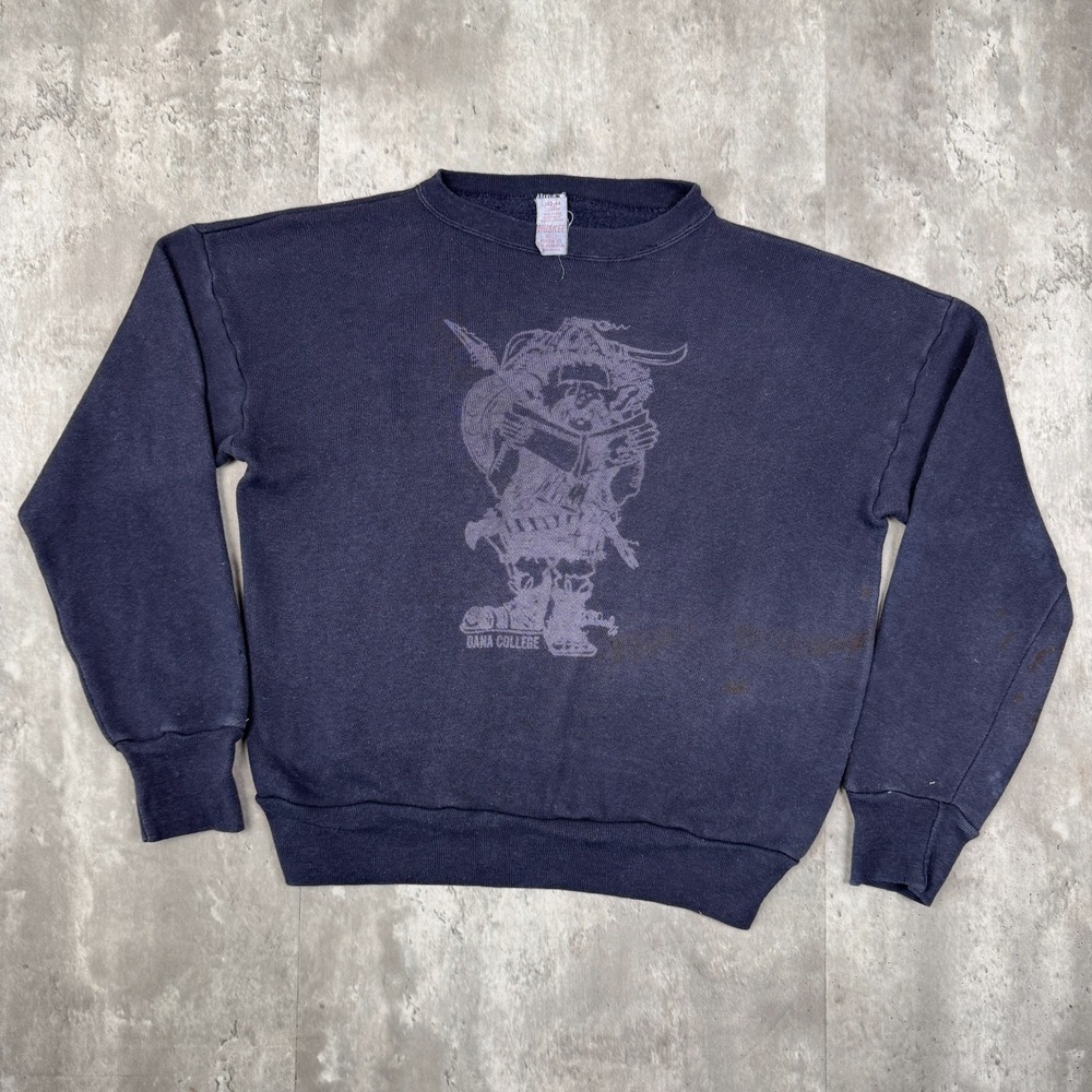 Vintage Dana College Sweatshirt Mens L Navy Blue Huskee Mills Crewneck USA 60s